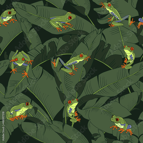 Tree frogs and tropical plants seamless
