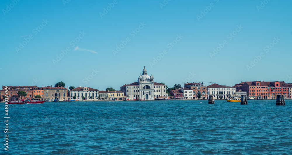 Venice Panorama. Panoramic cityscape image of Venice, Italy during sunrise. Architecture and landmarks of Venice. Retro vintage Instagram style filter effect.