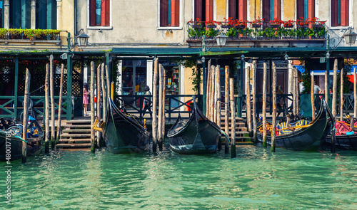 Bilde på lerret Canal with gondolas moored in Venice, Italy