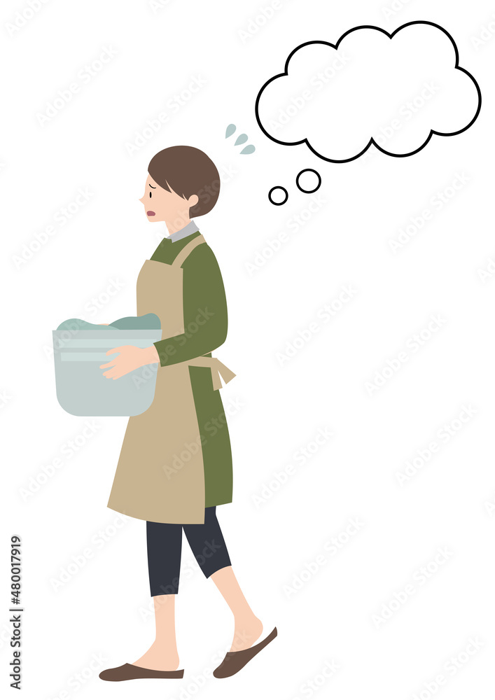 エプロンをして困った顔で洗濯物を運ぶ女性（吹き出し付き・ワンオペ家事等のイメージに）