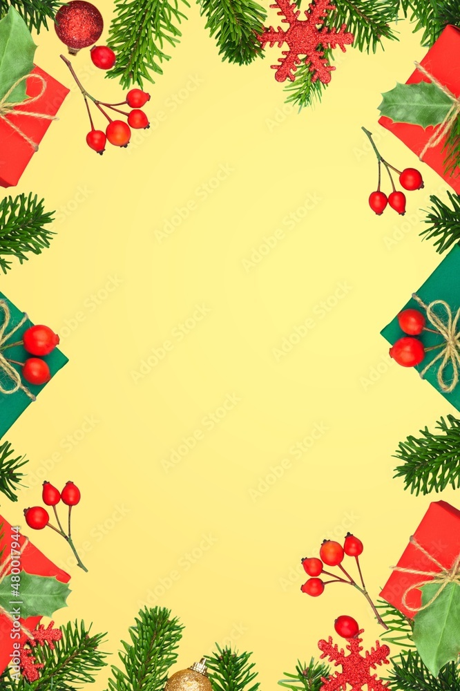 Beautiful Christmas background with frame of Christmas decorations and ornaments Beautiful Christmas background with frame of Christmas decorations and ornaments