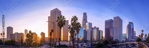 the skyline of los angeles during sunrise, california photo