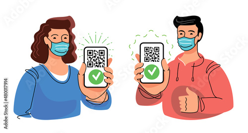 Certificate of vaccination. Showing vaccine QR code in mobile app or smartphone screen. Covid-19 coronavirus vector flat illustration