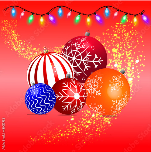 Happy ne3 year card with garland, ornated bauble, snowflakes and glitter. High quality illustration
