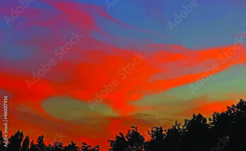 Abstract down sky with orange clouds, moon and near forest. Sunset in orange colors.