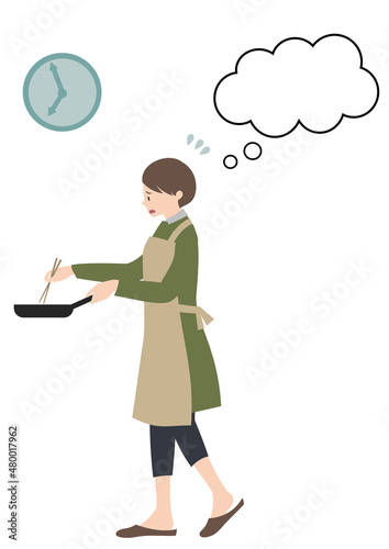 エプロンをして、時間に追われて困った顔で料理をする女性（吹き出し付き・ワンオペ家事等のイメージに）