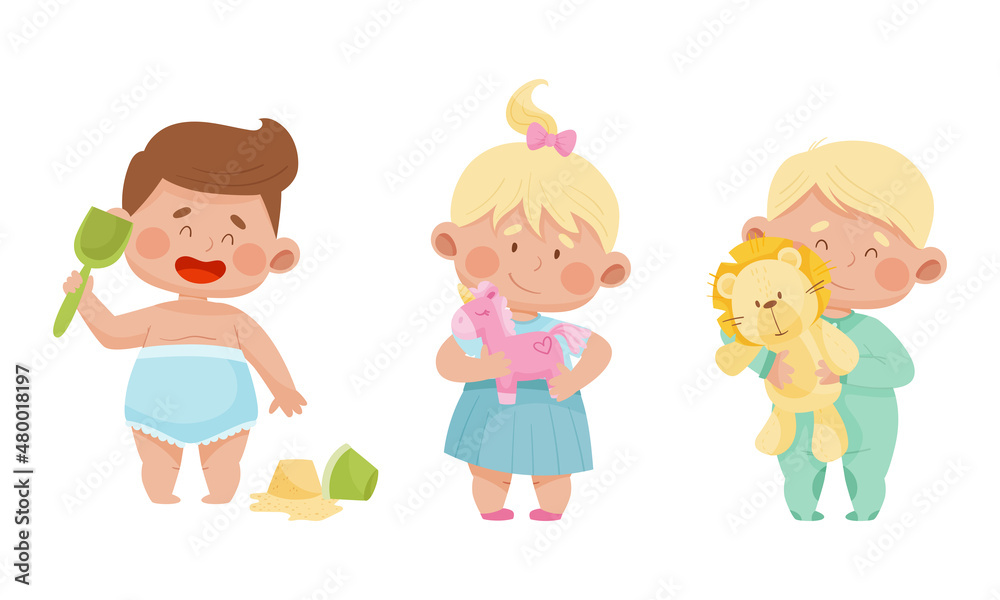 Cute babies playing toys set. Lovely toddler boys and girl holding lion, horse and scoop cartoon vector illustration Cute babies playing toys set. Lovely toddler boys and girl holding lion, horse and scoop cartoon vector illustration