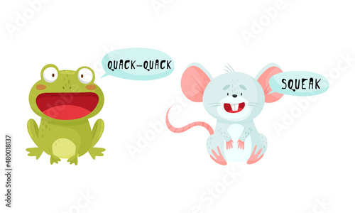 Cute frog and mouse baby animals making sounds set cartoon vector illustration