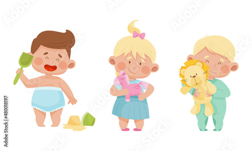 Cute babies playing toys set. Lovely toddler boys and girl holding lion, horse and scoop cartoon vector illustration