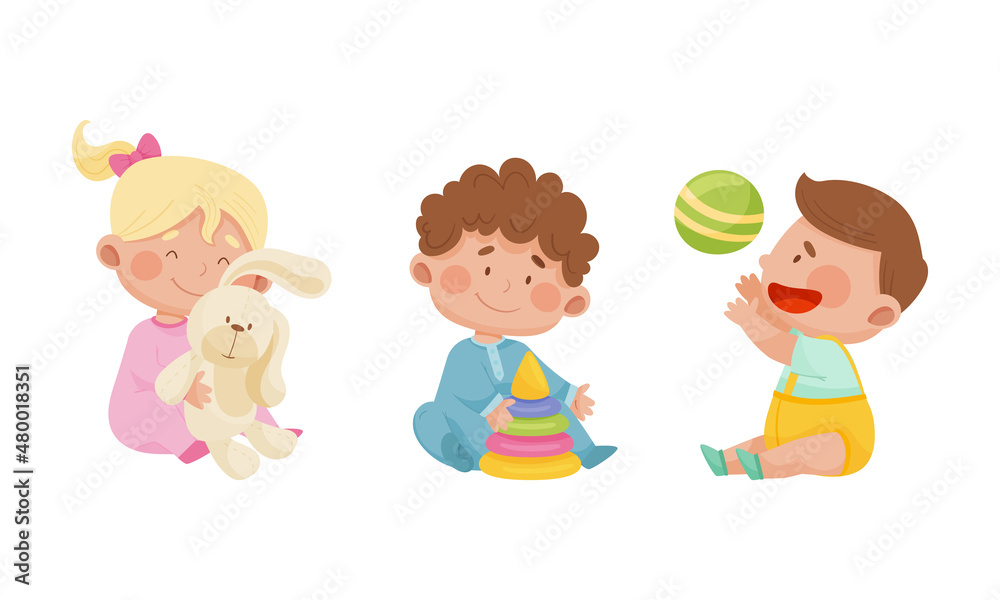 Cute babies playing toys set. Lovely toddler boy and girl with bunny, pyramid and ball cartoon vector illustration Cute babies playing toys set. Lovely toddler boy and girl with bunny, pyramid and ball cartoon vector illustration