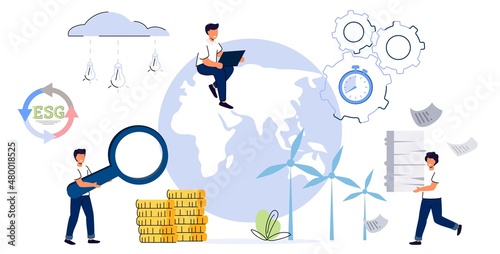 ESG Environmental Social and Governance Sustainable green company resources usage commitment Responsible attitude to nature and future Ethical business strategy concept Sustainable stocks evaluation