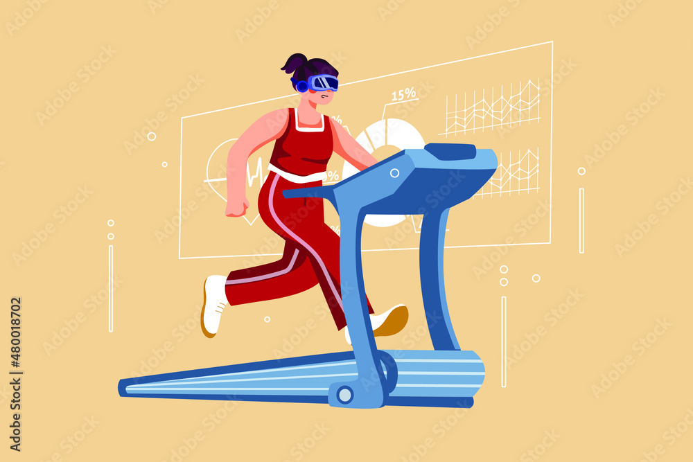 Fototapeta premium Woman in augmented reality glasses on running machine