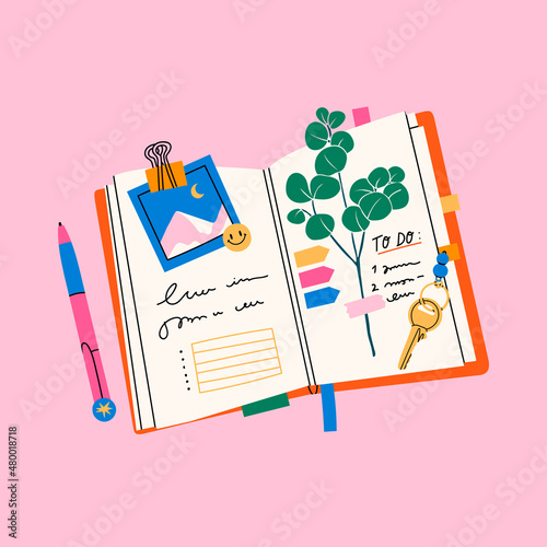 Open Notebook. Bullet journal or notepad with pen. Colorful organizer. Diary with stick notes, bookmarks, to do list, herbarium, photo card. Hand drawn modern Vector illustration. Isolated on pink 