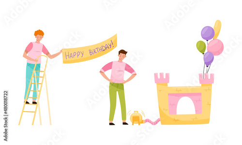 People preparing for Birthday celebration set. Men hanging up banner and inflating trampoline cartoon vector illustration