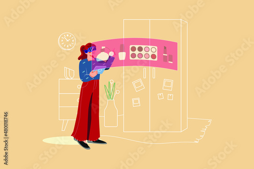 Woman wearing VR glass with interactive screen cosmetics