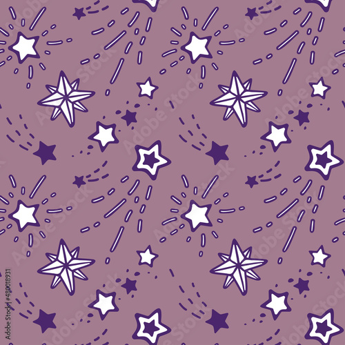Seamless pattern. Vector image. Stars and comets on a pink background. Doodles. Hand-drawn illustration.
