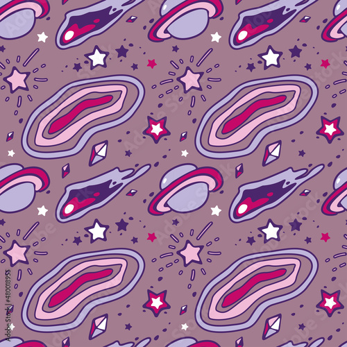 Seamless pattern. Vector image. Hand-drawn illustration. Doodles. Images of planets, celestial bodies, stars, comets. Open space.