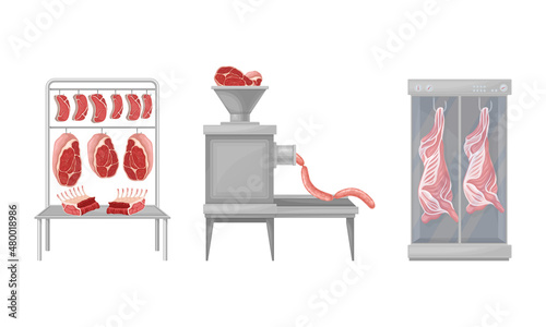 Automated meat production process. Equipment for production of meat products vector illustration