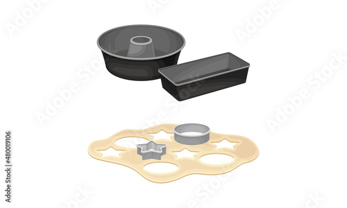 Baking utensils and cooking ingredients set. Baking dish, cookie cutters and dough vector illustration