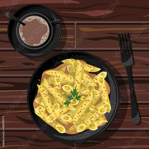 Top view of penne rigate pasta in sauce with spices and parsley in black plate with fork and coffee isolated on wooden table background. Vector illustration.
