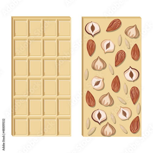 Vector white chocolate bar with hazelnuts, almonds, seeds and pieces isolated on white background.
