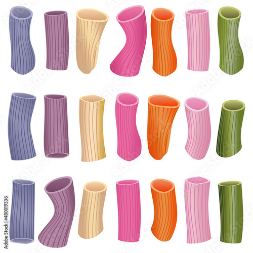 Vector set of multicolored rigatoni pasta isolated on white background. Separate design elements of different shapes.