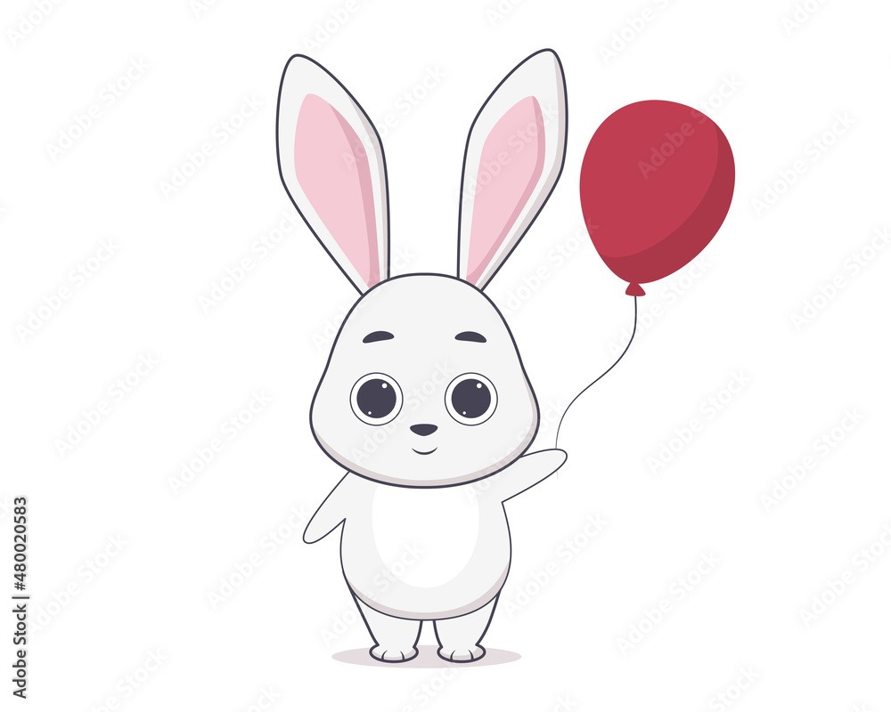 Vector illustration of a cute hare. White rabbit with a balloon in cartoon style. Isolated on white background. Year of the rabbit. Stickers and cards with animals
