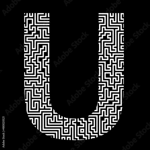 White letter U composed of a maze pattern, isolated on black background. Letter of the Latin (English) alphabet.