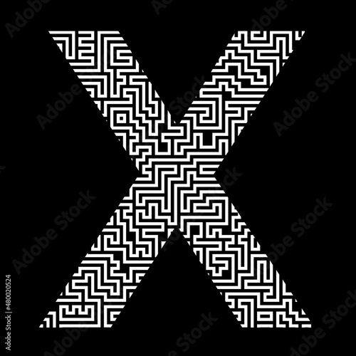 White letter X composed of a maze pattern, isolated on black background. Letter of the Latin (English) alphabet.