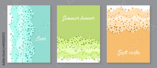 3D backgrounds with papercut shapes of sea waves with foam. Paper cutout brochure cover templates