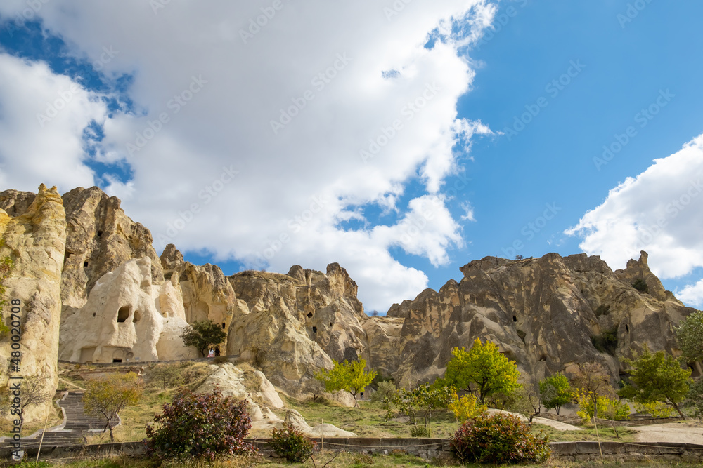 Goreme Open Air Museum and fairy chimneys in Cappadocia, Turkey. Goreme open air museum and fairy chimneys are unesco world heritage site in Cappadocia.