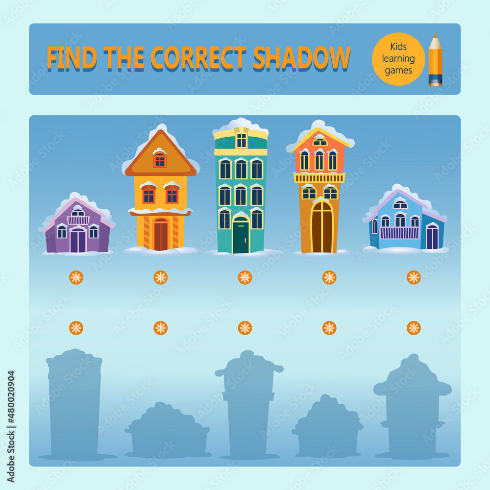 Winter town. Cartoon houses. Game for kids. Find the correct shadow. Educational matching game 