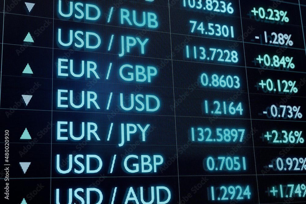 Obraz premium Currency rates on a trading monitor with daily changes. Currencies like USD, EUR, GBP, JPY or AUD. Currency Exchange concept. 3D illustration