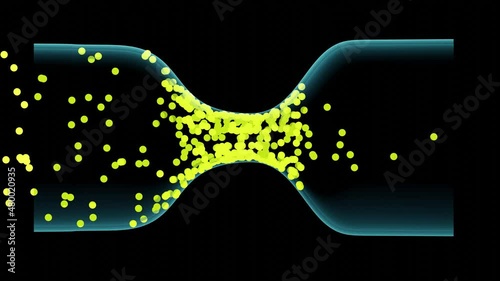 Pressure Flow in container. Particles passing through  wide narrow cylinder. Yellow dots travelling through  tube. Slow movement in middle. Data bottleneck in bandwidth . 3d animation render photo