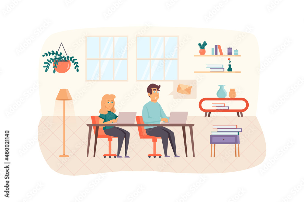Content managers working on laptops scene. Man mailing in social networks. Woman creates content plan. SEO optimization, promotion concept. Illustration of people characters in flat design