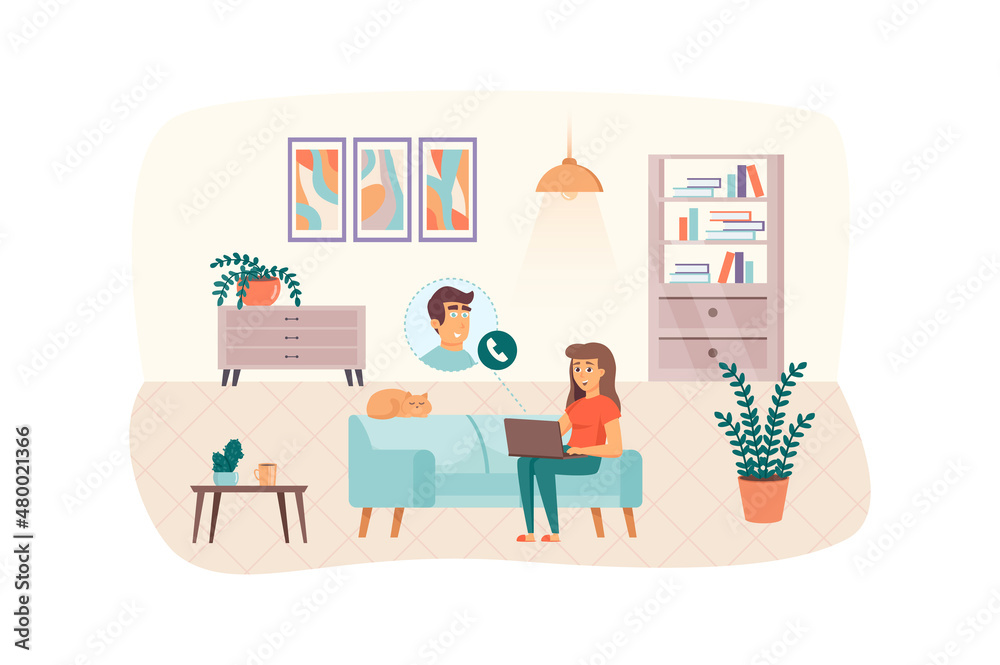 Man and woman communicate on video call scene. Video conference or online meeting from home. Communication technology, remote work concept. Illustration of people characters in flat design