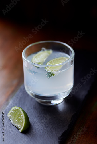Gin and Tonic on dark background. Close up. 