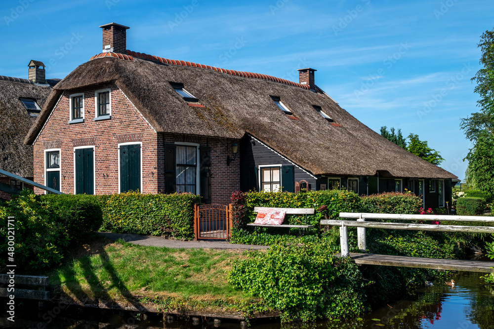 Fototapeta premium View of typical houses of Giethoorn, Netherlands. The beautiful houses and gardening city is know as 