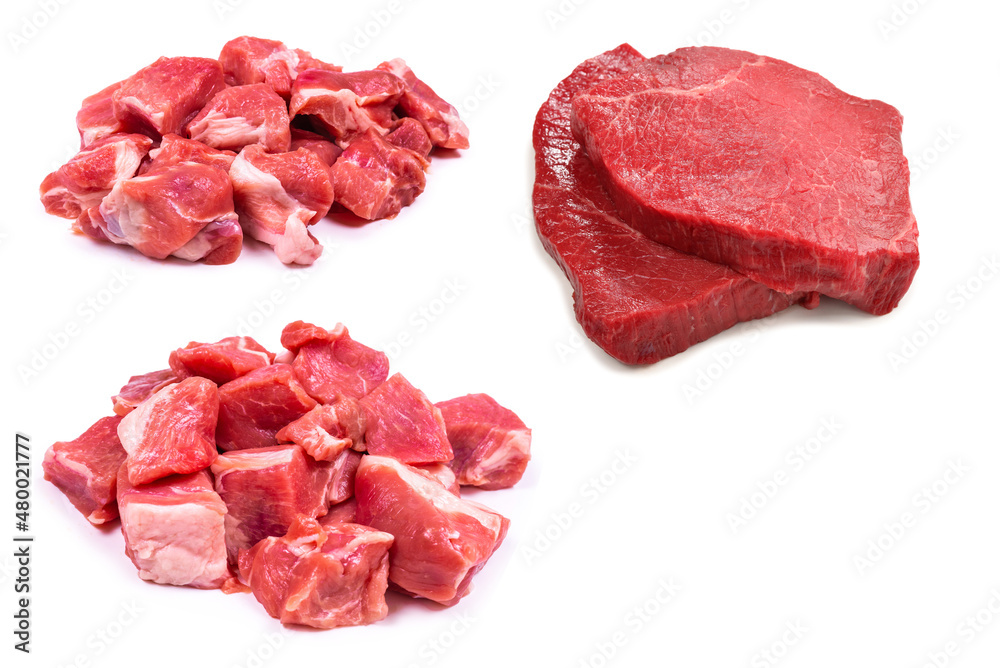 Fresh raw pork pieces isolated.