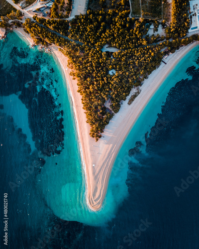 Famous Zlatni rat beach in Bol, Island Brac, Croatia, Europe. Also called golden horn or golden cape. April, 2021.