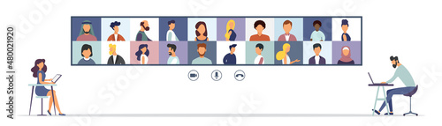 Online Virtual Meetings. Work from Home WFH During Coronavirus COVID-19 Pandemic Outbreak. Teleconference TV. Video Conference Webinars or Remote Working. Vector.