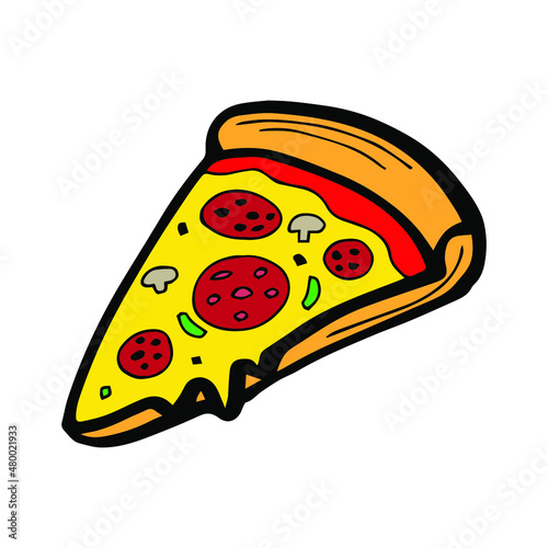 A slice of pizza with melted cheese and pepperoni. Cartoon sticker in a comic style with an outline. Decoration for cards, posters, patches, prints for clothes, emblem freemason jar. Outline sketch.