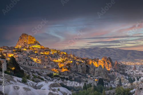 Uchisar Castle in Pigeon Valley, Cappadocia, Turkey. Uchisar Castle is a very popular place for tourists. Fairy chimneys in Pigeon valley. Natural rocks forms, fairy chimneys.