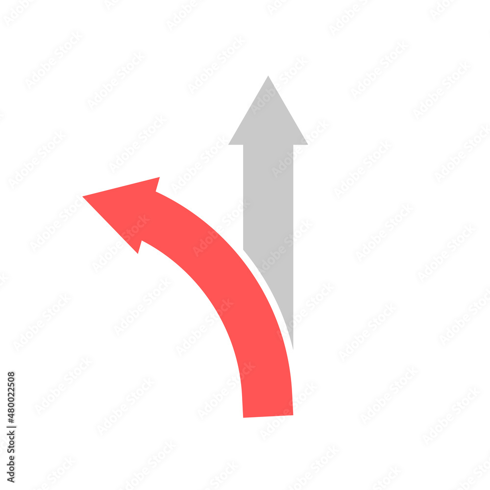 Two arrows pointing in different directions. Choice of path. Arrow straight and left. Vector illustration isolated on white background. Two arrows pointing in different directions. Choice of path. Arrow straight and left. Vector illustration isolated on white background.