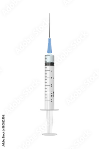 Realistic syringe with liquid. Medical equipment for injection. Graphic vector clip art. EPS10.