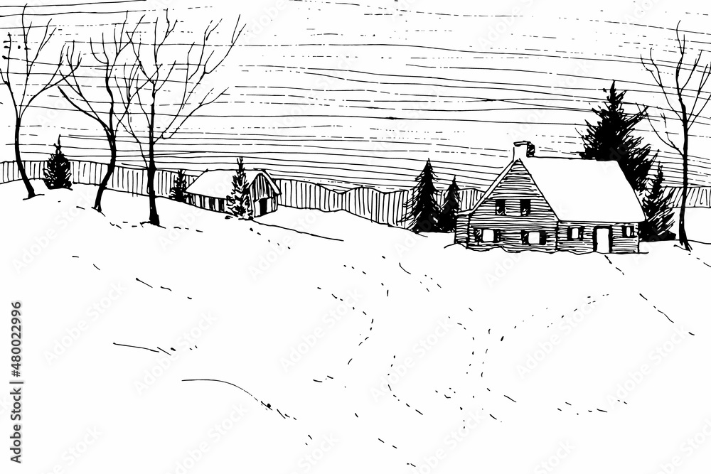 Obraz premium Simple winter landscape drawn with lines