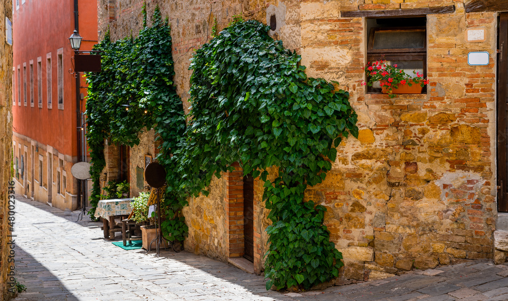 Fototapeta premium View of old cozy street in medieval town. Architecture and landmark of Italy. The picturesque narrow street and the ancient architecture of San Gimignano, Tuscany, Italy.