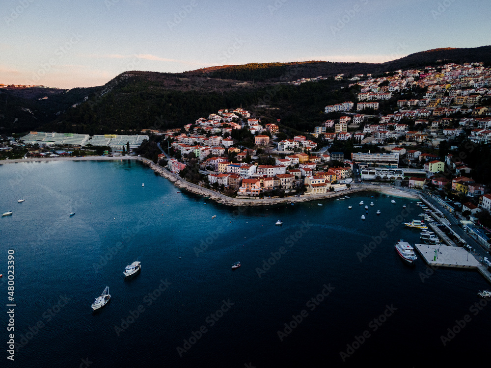 Fototapeta premium Aerial panorama of Rabac during Sunset Istria, Croatia