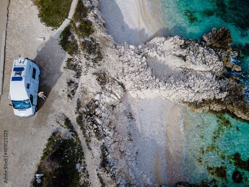 lovely camp spot - top down of white camper next to the ocean in Croatia