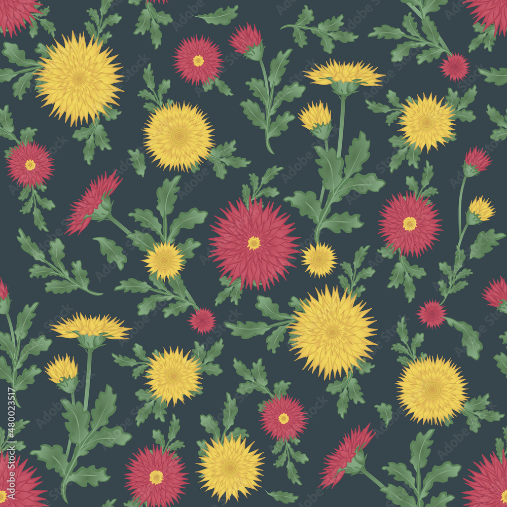 Floral Seamless pattern with chrysanthemums. Red and yellow flowers and leaves